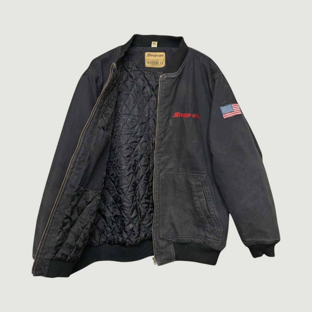 Snap-on Workwear 2X Black Canvas Quilted Bomber Jacket USA Flag Patch Distressed